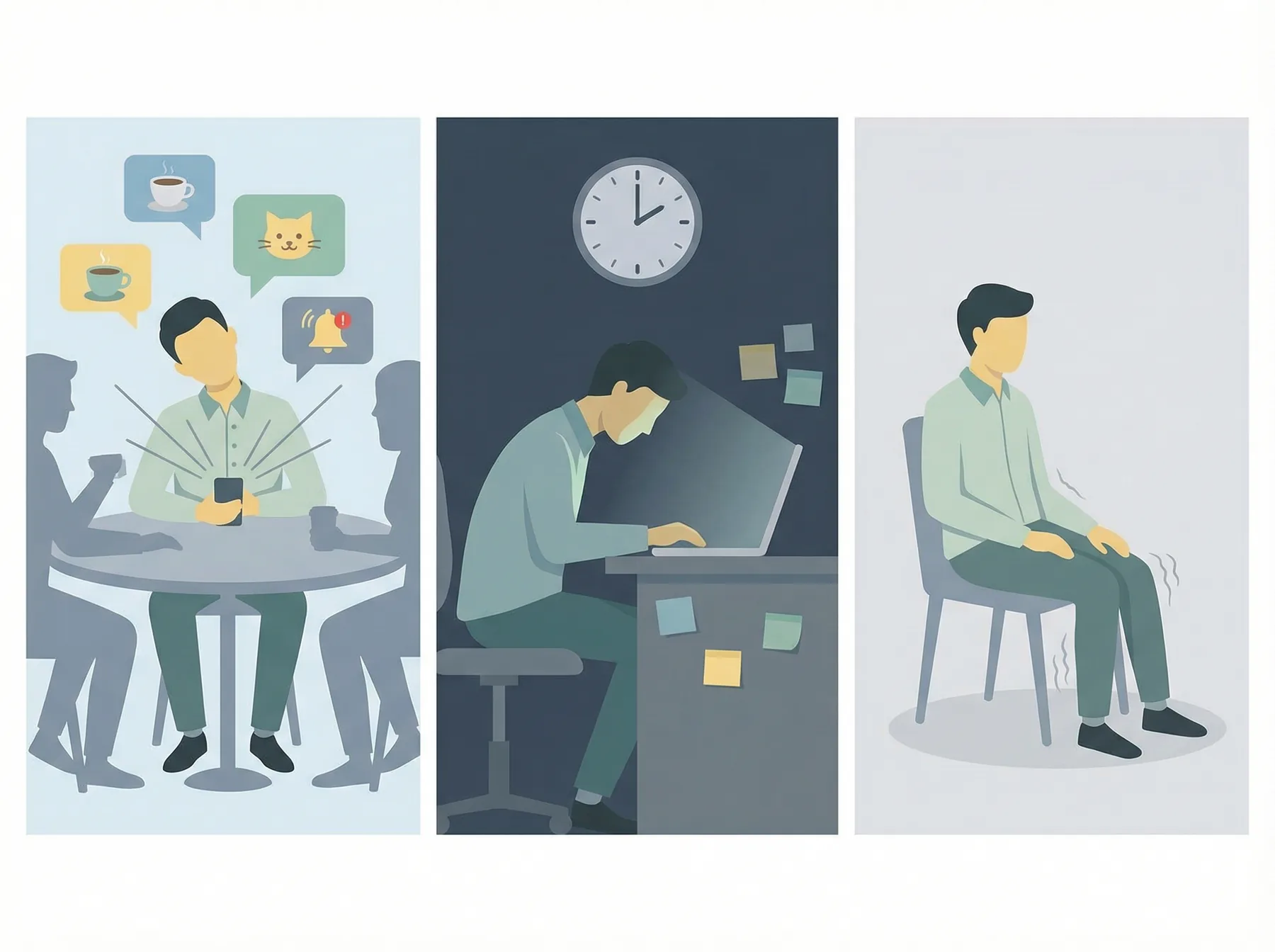 Three scenes of adult ADHD: distraction, hyperfocus, and restlessness