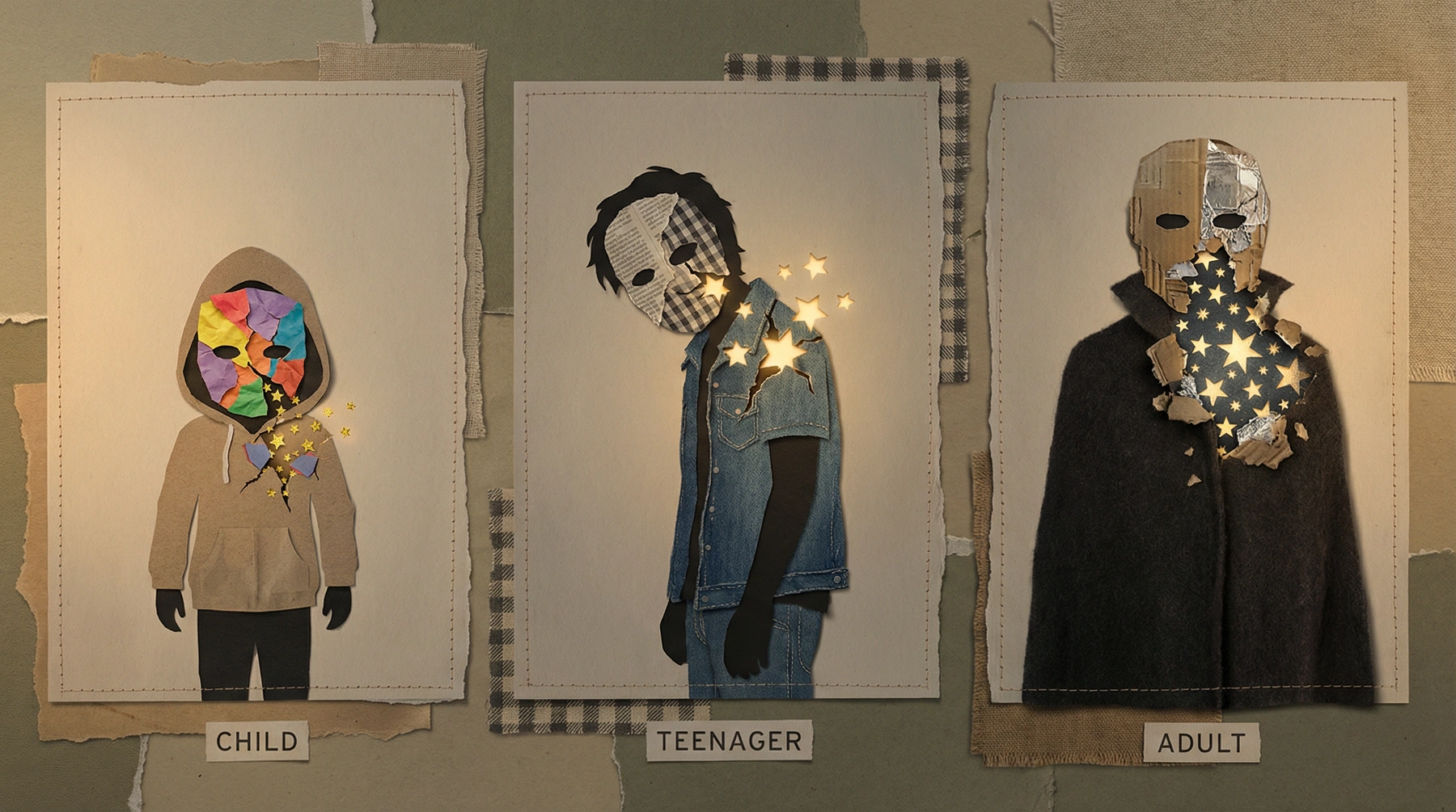 A triptych of life stages wearing cracked masks