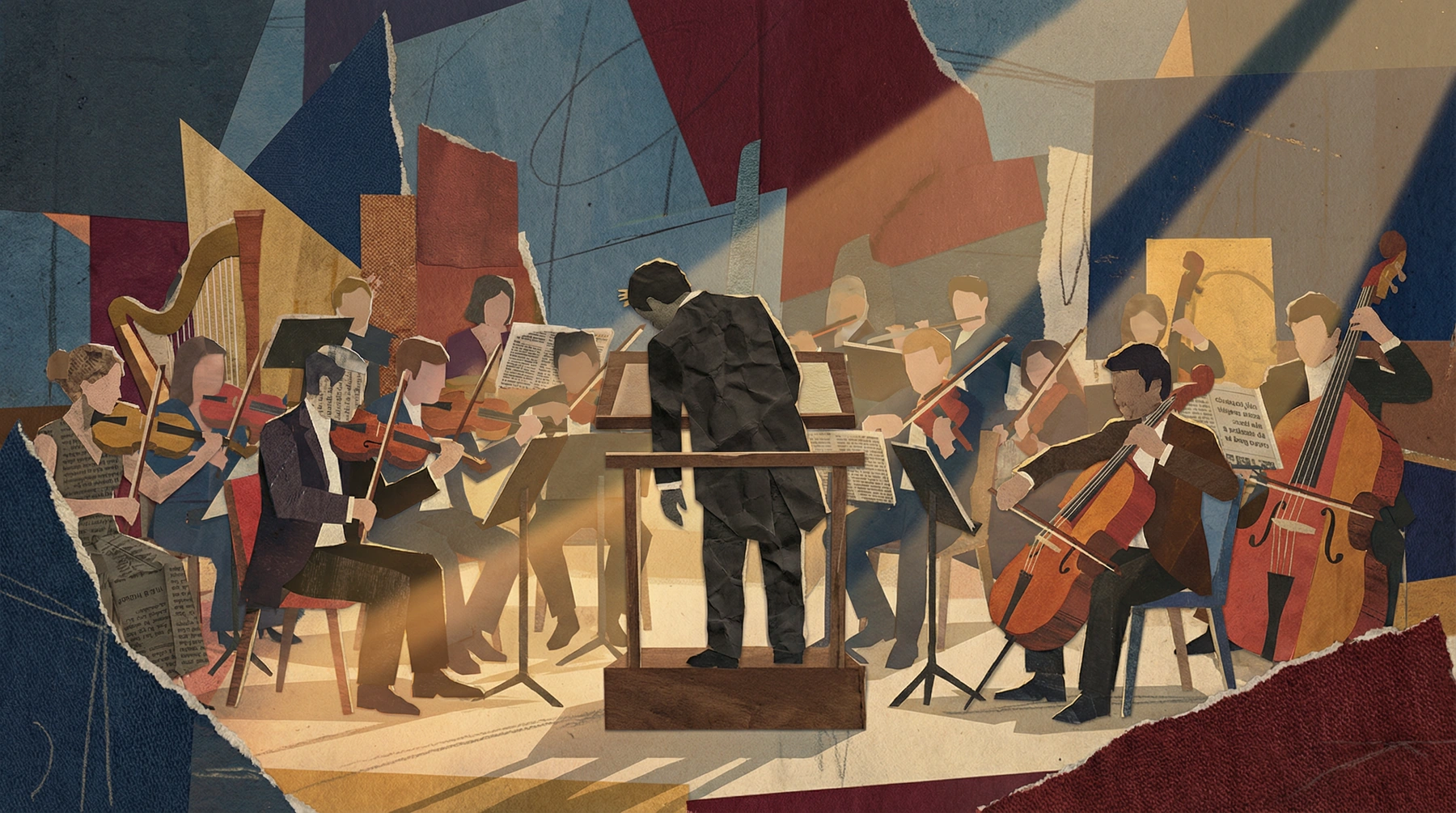 An orchestra playing while the conductor dozes off