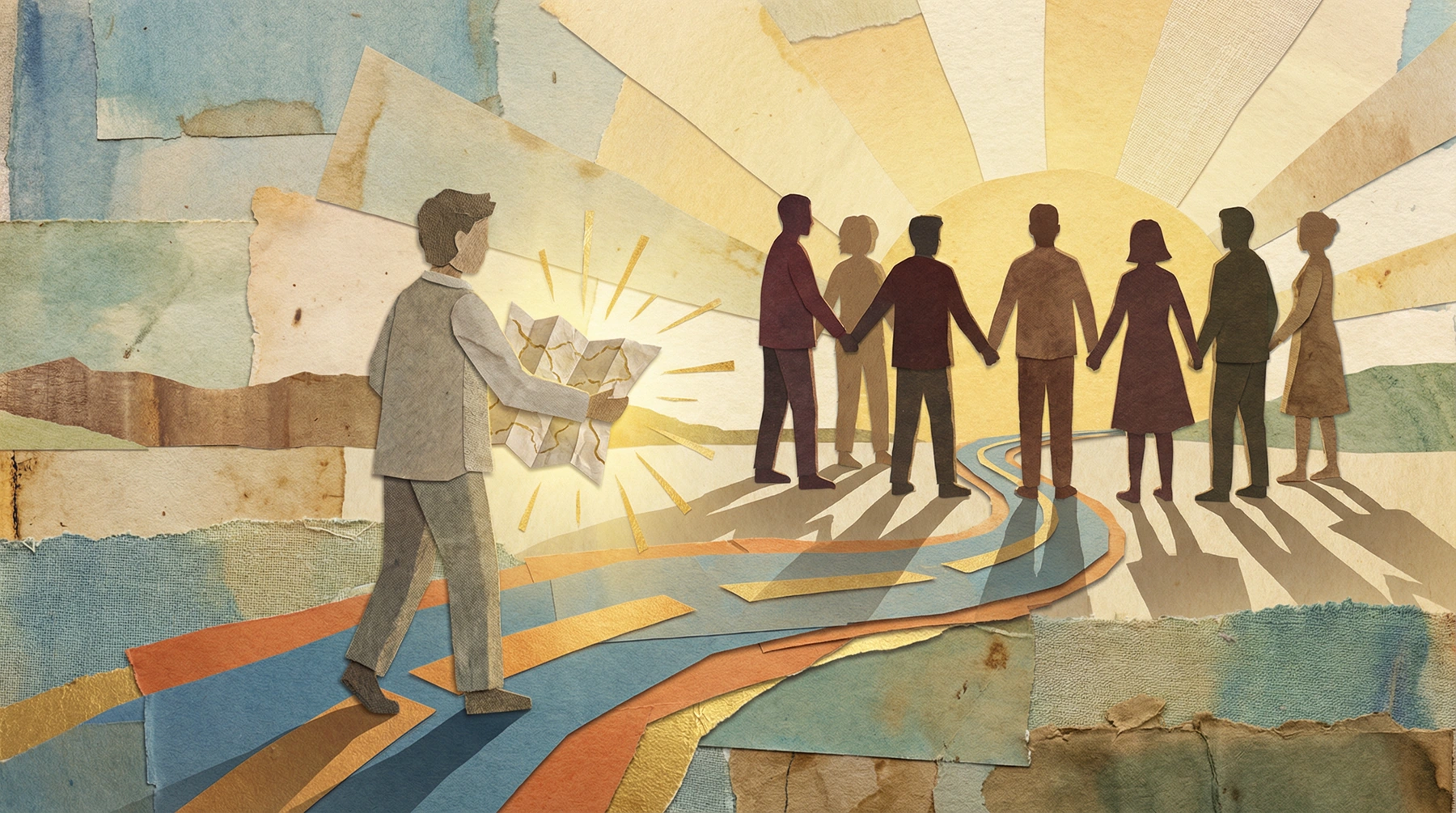 A person walking toward a sunrise with a map